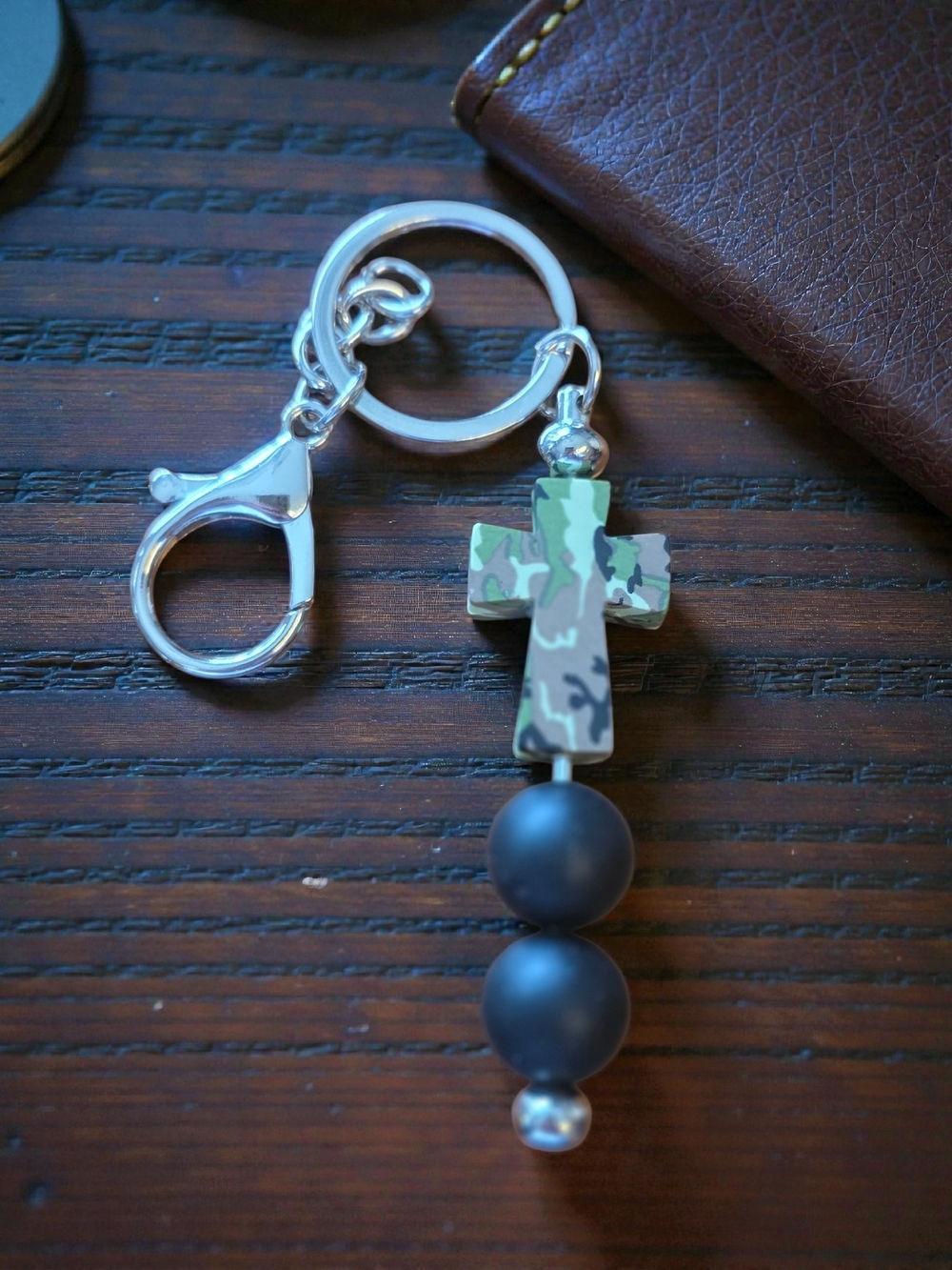 Camo Cross Silicone Bead Keychain Wristlet Purse Charm
